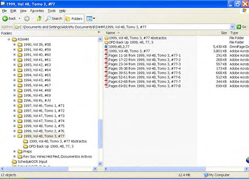 Figura 3. Vista del catálogo de los números digitales de la RSVHM en el programa bibliográfico EndNote. (Digit 1)
