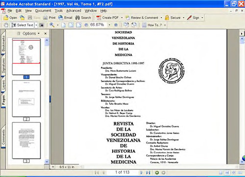 Figura 4. Portada de la RSVHM en formato pdf (documento portátil), legible con el programa Adobe Acrobat. (Digit 5)