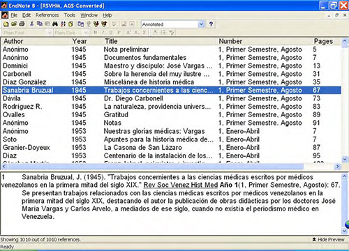 Figura 6. Listado de citaciones en el programa bibliográfico Endote. (End Note 1)
