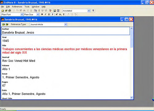 Figura 7. Detalles de la parte superior de la ficha bibliográfica en EndNote conteniendo datos de la revista. (End Note 2).
