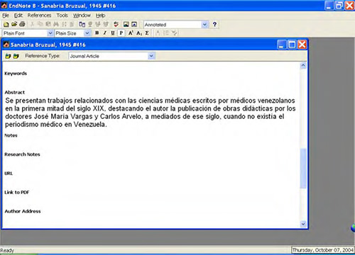 Figura 8. Detalles de la parte inferior de la ficha bibliográfica en EndNote que incluye, entre otros, el campo del abstracto. (End Note 3).